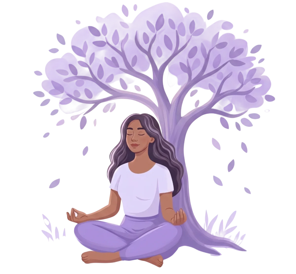 Mulher meditando em paz sob uma árvore lilás